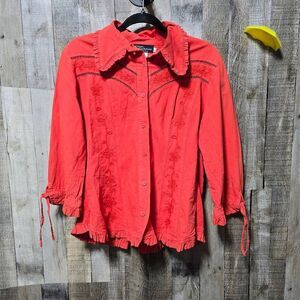 G Designs Natural Fashions Eyelet Embroidered Floral Red Orange Button Down Shir